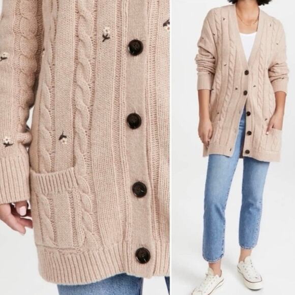 The Great. Embroidered Cable Knit Cashmere Wool Cardigan In Oatmeal XS - Picture 3 of 7